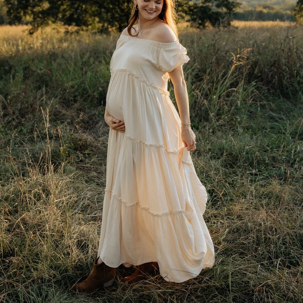Cream Off Shoulder Ruffle Tiered Maternity Maxi Dress